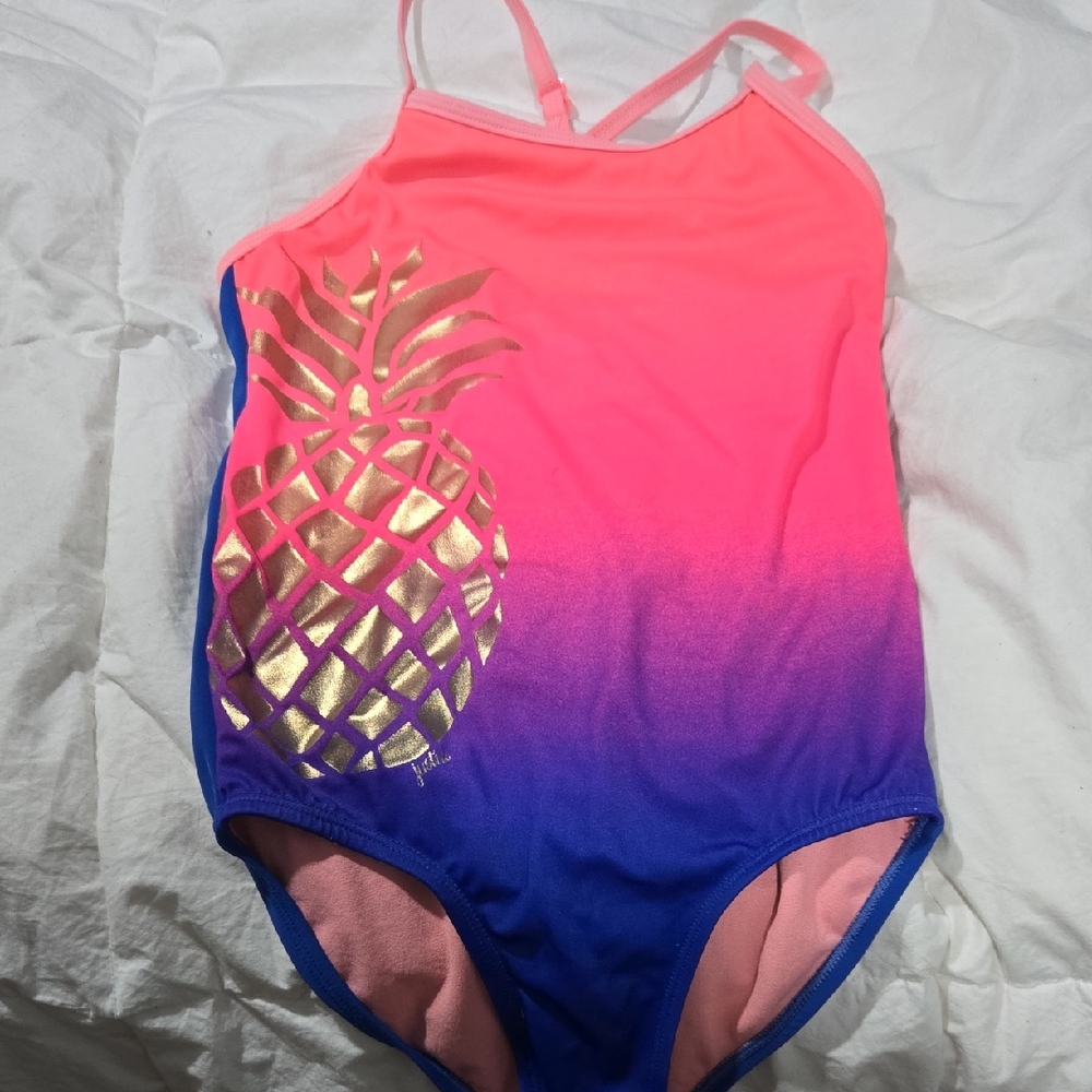 Justice Pink and Blue Kids Swim One Piece W Gold Pineapple Design